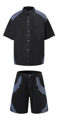 Retro denim suit with short-sleeved jacket and full-length trousers in black or blue street style
