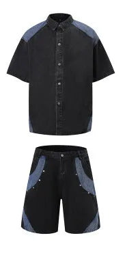 Retro denim suit with short-sleeved jacket and full-length trousers in black or blue street style