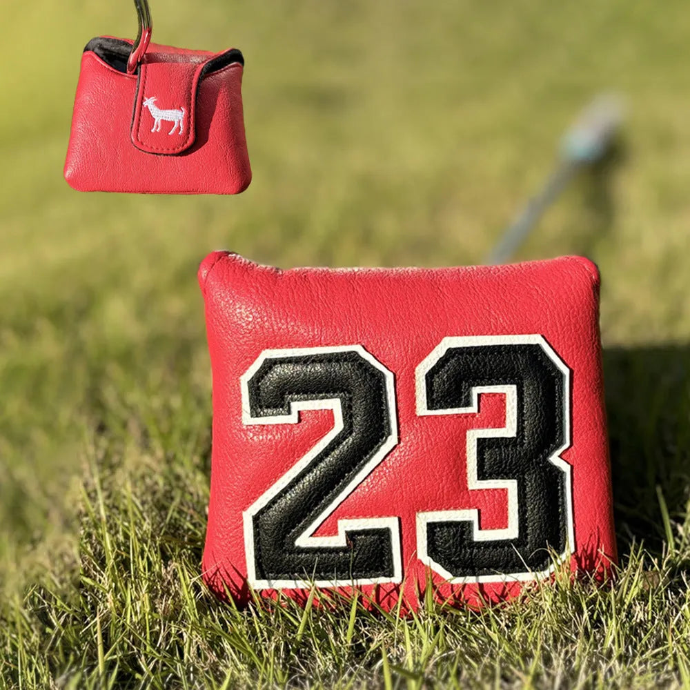 Red square putter iron head golf club sleeve covering a wooden pole set