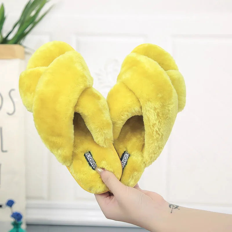 Women's cross open-toe fur slippers in multiple colours on a non-slip patterned sole.