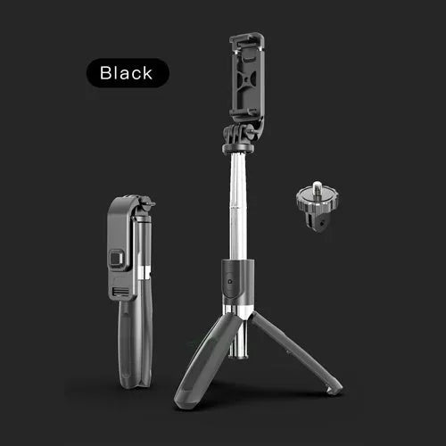 Black stainless steel Bluetooth selfie stick tripod extended with phone attached, showing wireless remote.
