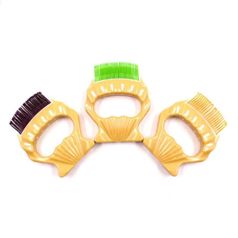 Green shell-shaped pet grooming brush with fine bent wire bristles and an anti-slip handle.