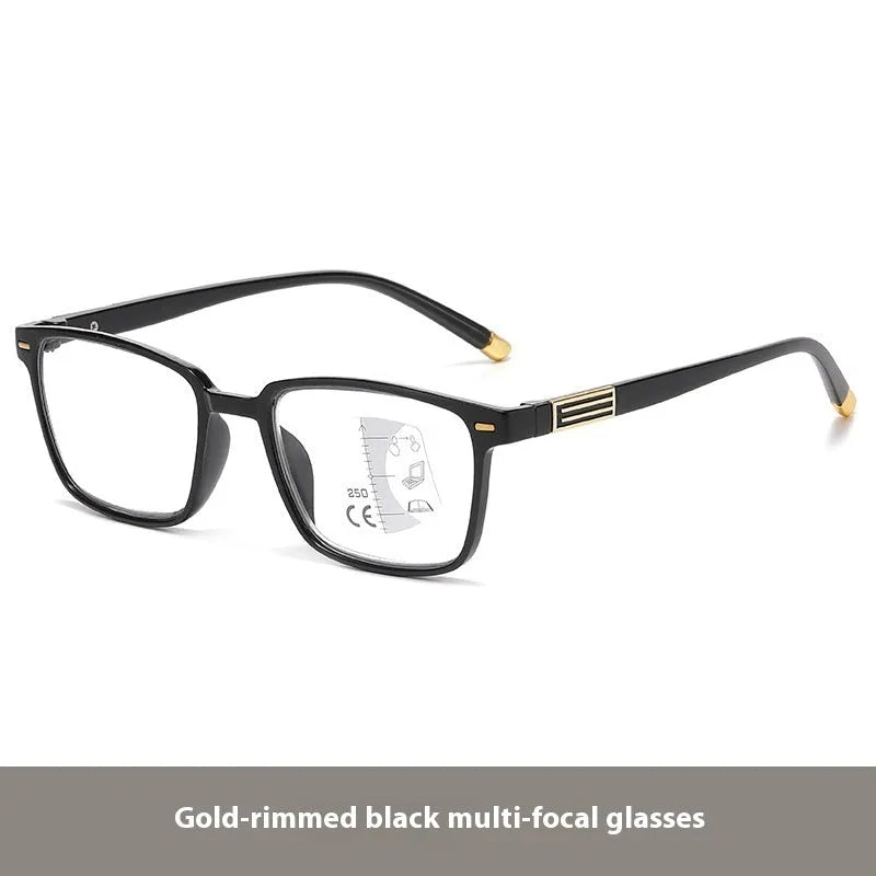 Anti blue light multifocal reading glasses with colour-changing grey PC lenses in a black and silver frame style.
