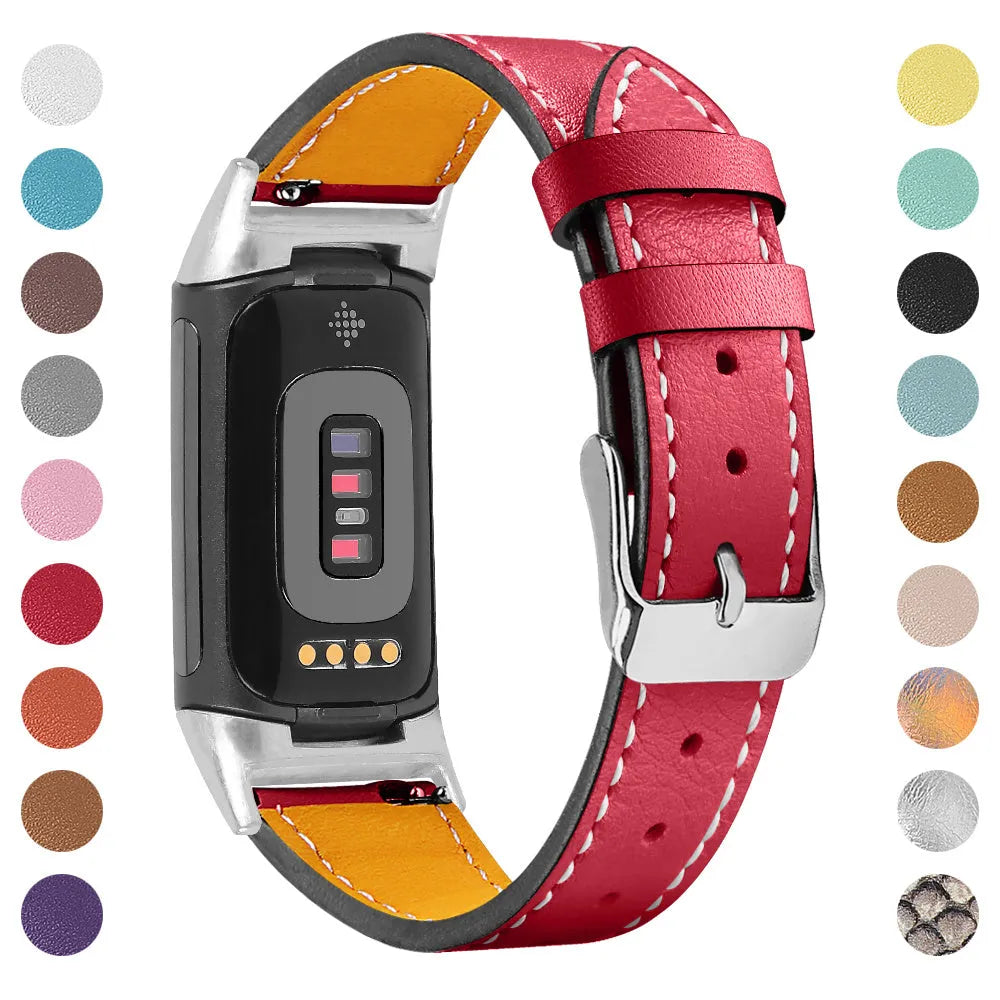 Genuine leather strap for Fitbit Charge 5 and Charge 6 smartwatch in multiple colour options.