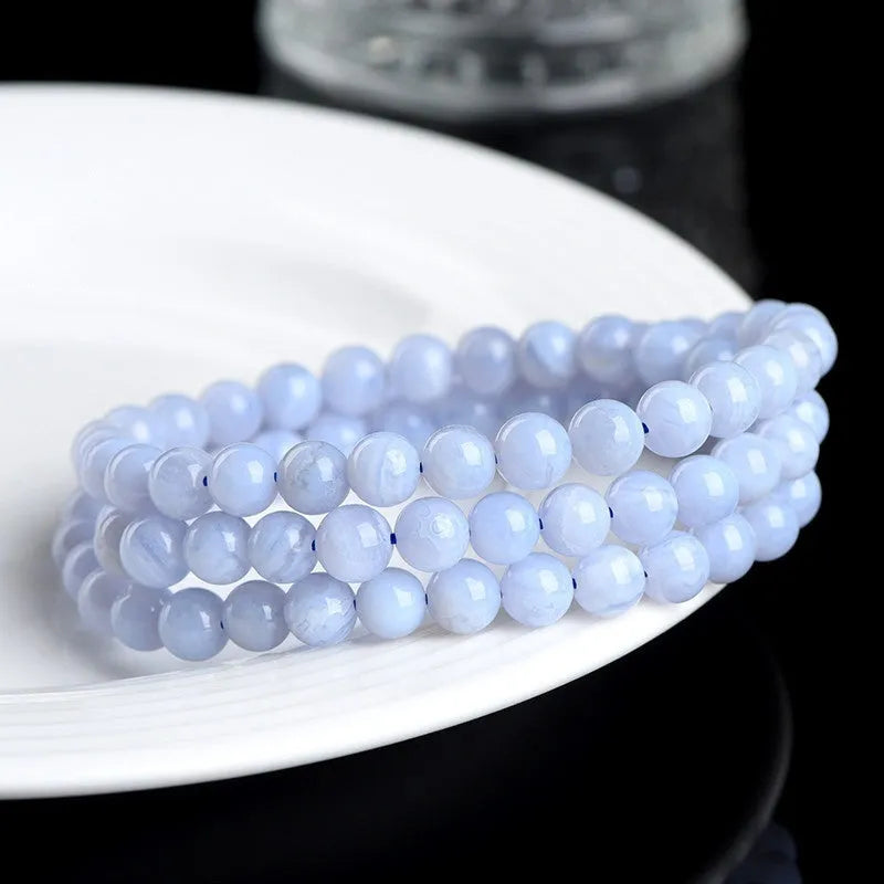 Blue agate bracelet with striped beads in 6-6.8mm three-circle arrangement