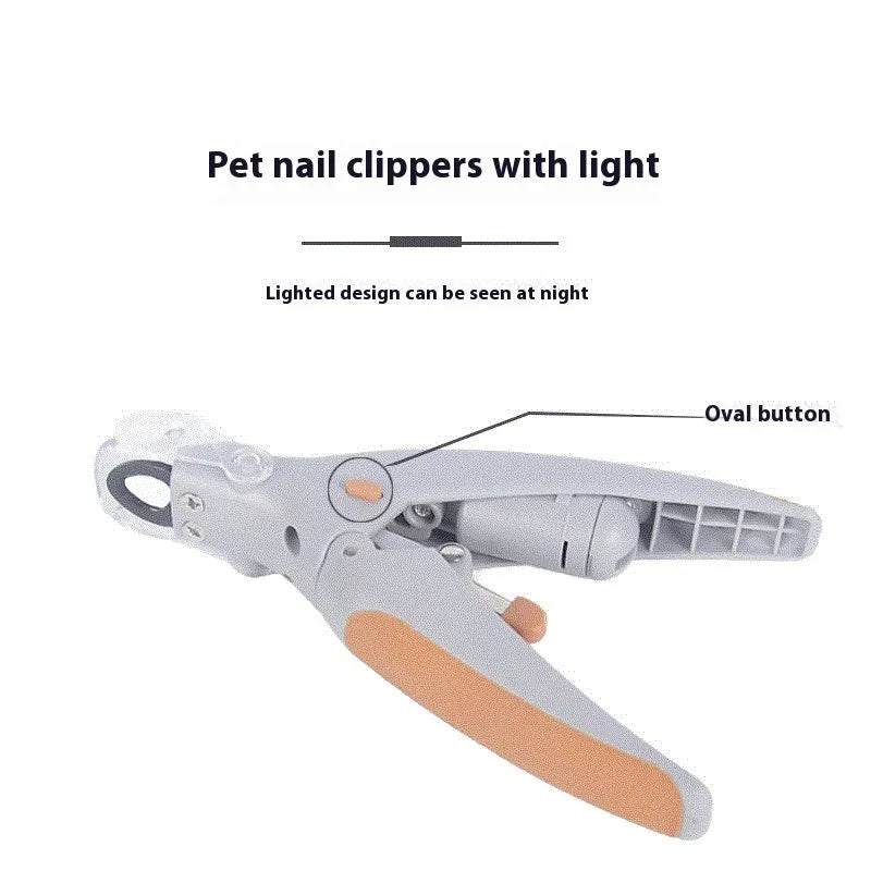 White ABS plastic dog nail clipper with LED light and red imitation blood line guide.