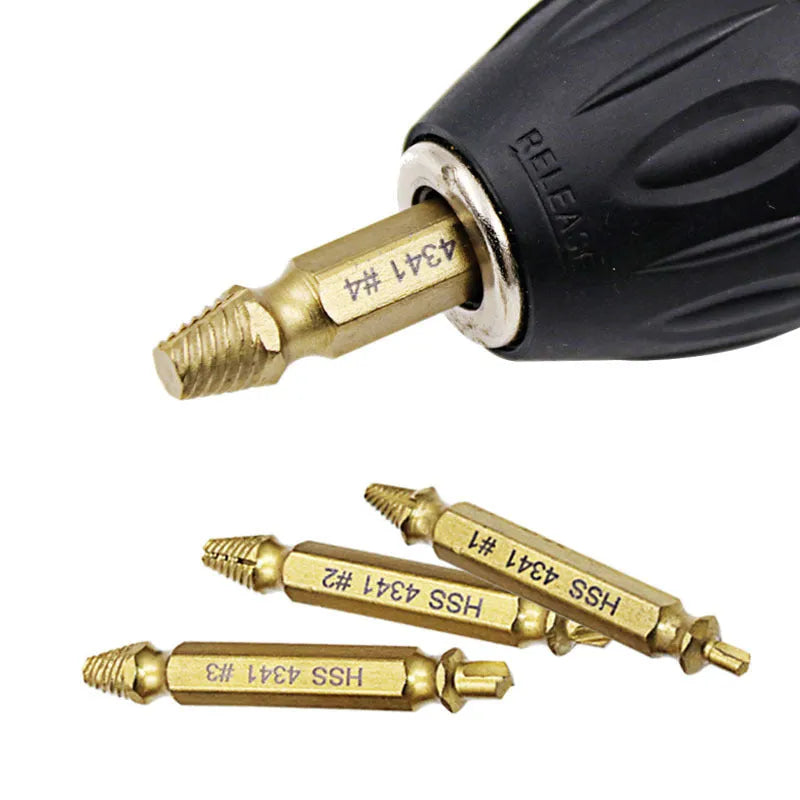 4341 high-speed steel screw extractor set with five hardened tools for removing broken bolts