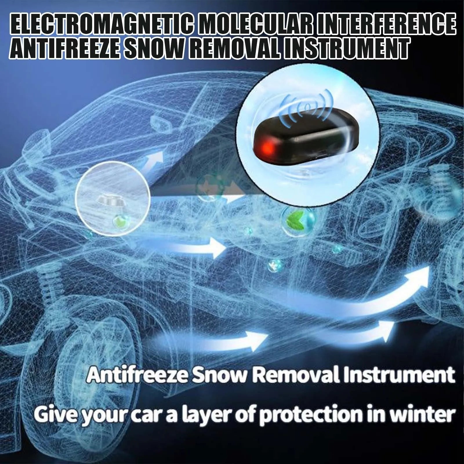A black handheld car de-icer tool for melting snow and ice on windscreens.