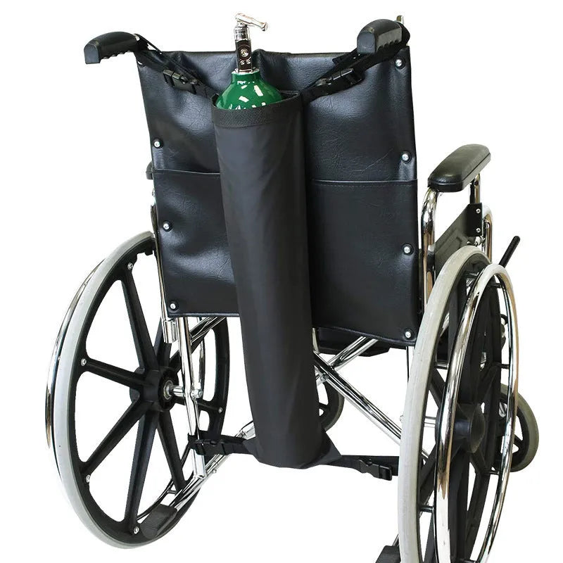 Black cylindrical outdoor pannier bag for wheelchair oxygen cylinder made from 600D Oxford cloth.