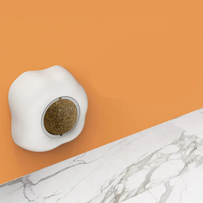 Organic catnip ball toy in egg shape with wall mounting for feline dental care and interactive play
