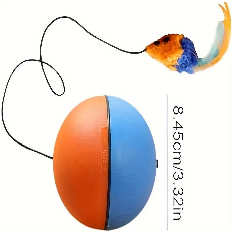 Interactive blue and orange cat toy ball with plush mouse attachment for feline exercise