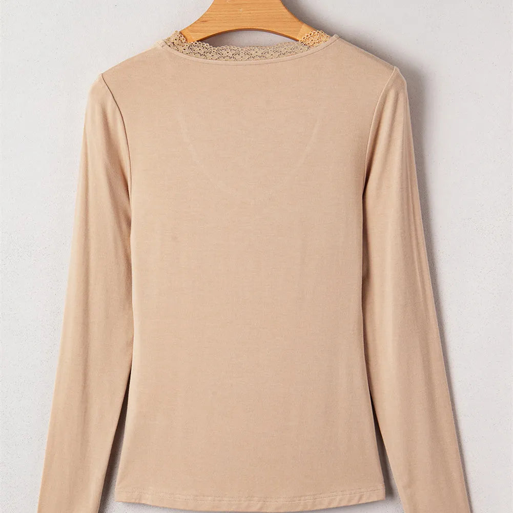 Women's solid colour casual top with lace trim and long sleeves in red