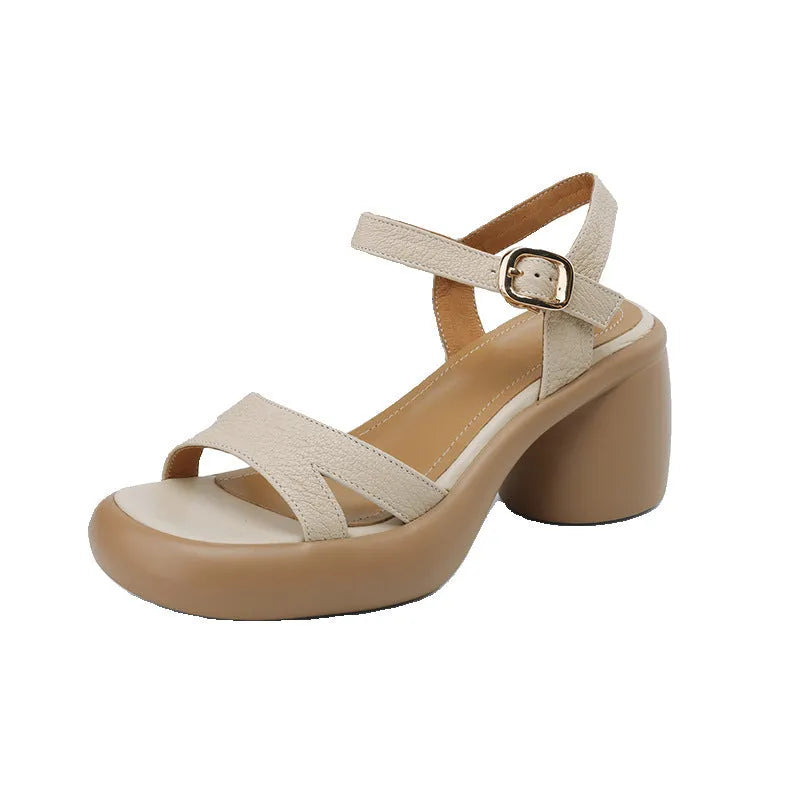 Women's open toe platform sandals with round toe design in apricot colour