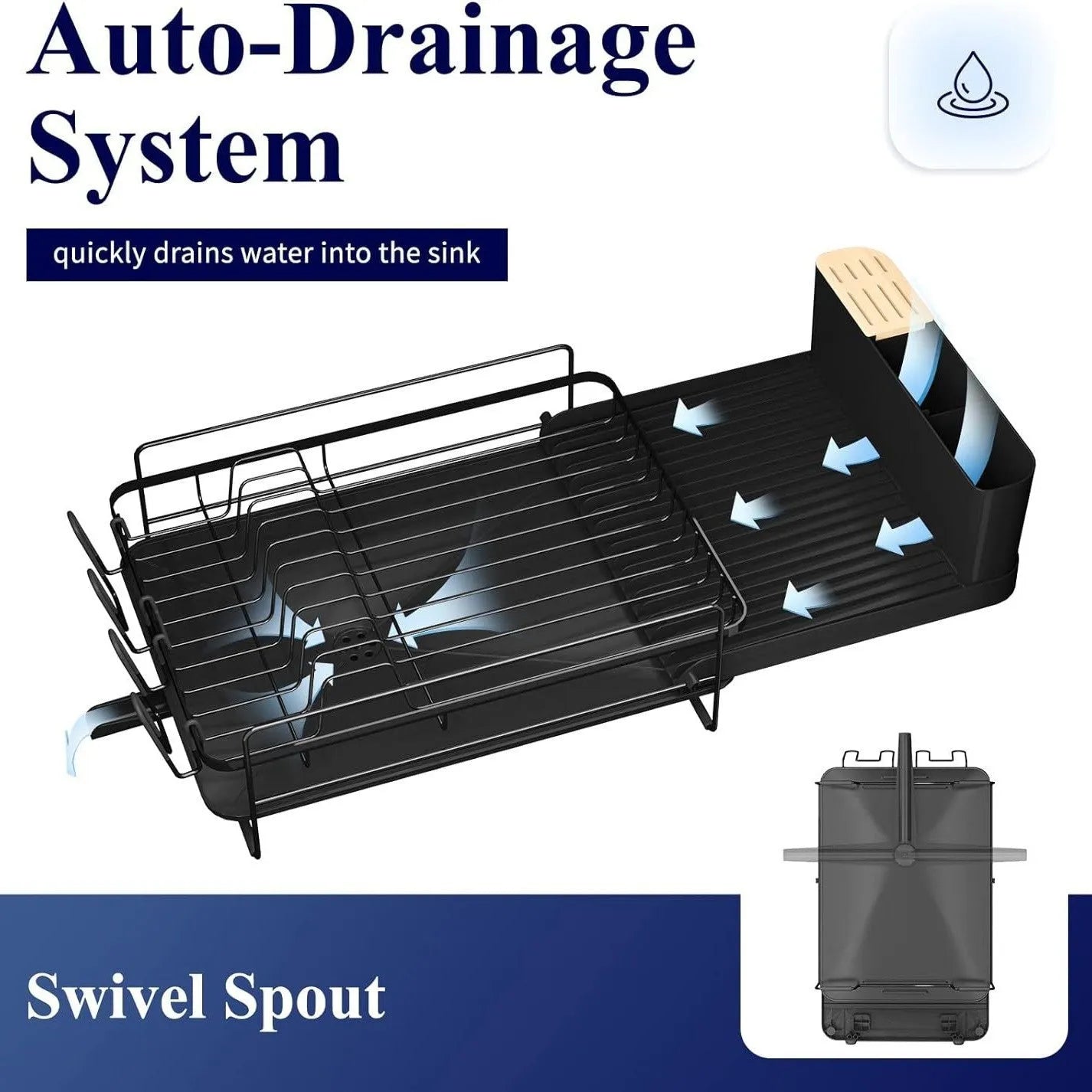 Retractable carbon steel kitchen dish drain rack for cutlery and cups on a countertop