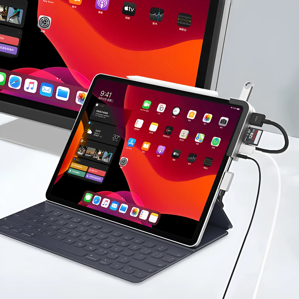 Silver aluminium USB-C docking station for iPad Pro with multiple connectivity ports