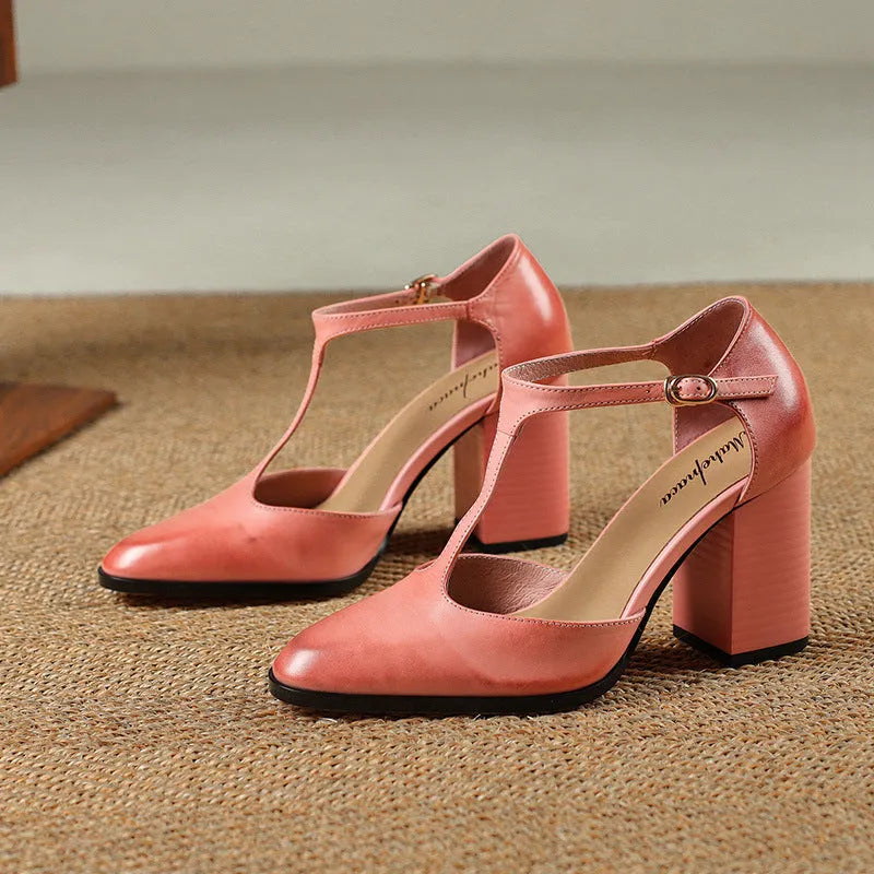 Women's dark brown retro pointed toe Mary Jane shoes with buckle and Baotou hollow design.