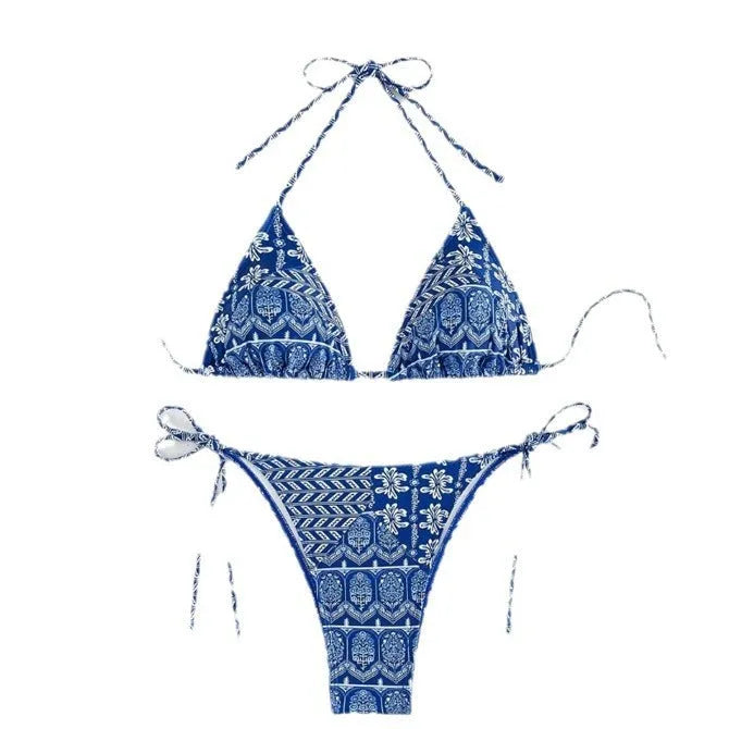 Women's green split bikini swimsuit with bandage stitching detail on the top and briefs.