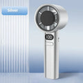 Handheld USB fan showing variable speed control and available in four colour options: green, khaki, silver, and white.