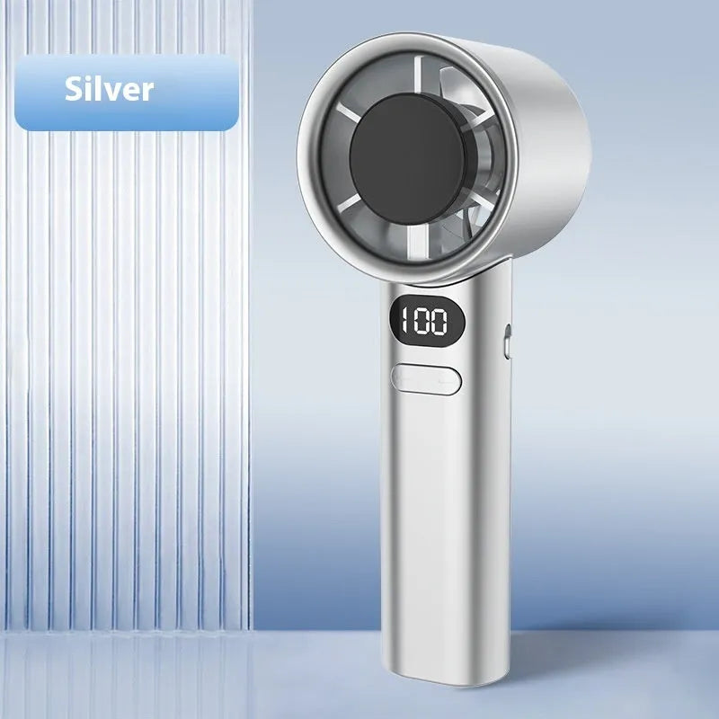 Handheld USB fan showing variable speed control and available in four colour options: green, khaki, silver, and white.