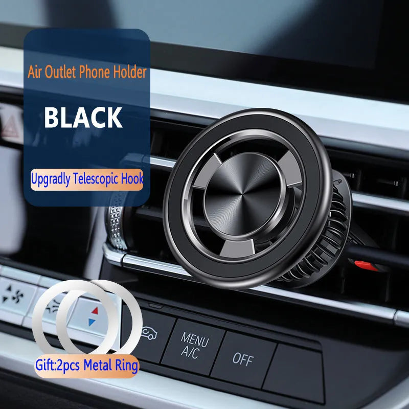 Silver magnetic car air vent phone holder with snap-on clip mounted on dashboard vent