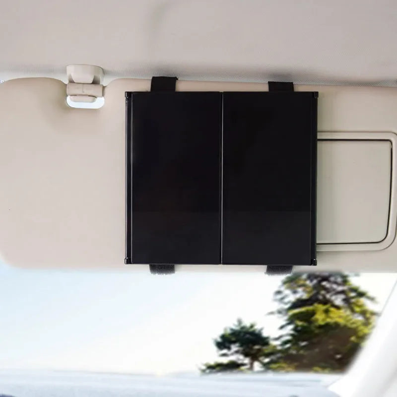 Silver car folding makeup mirror shown both closed and opened, with ABS plastic frame and glass mirror.