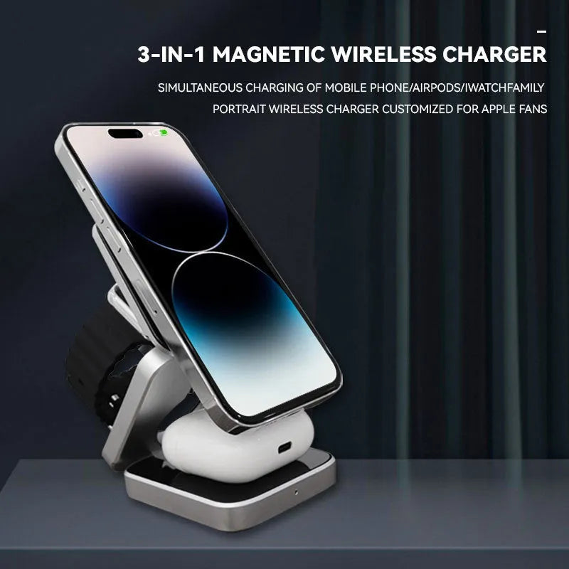 Three-in-one desktop wireless charging bracket with folding design showing Apple, Samsung and Google Pixel charging areas