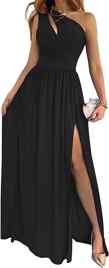 Apricot one shoulder maxi dress with high leg split and cutout detail on a mannequin.