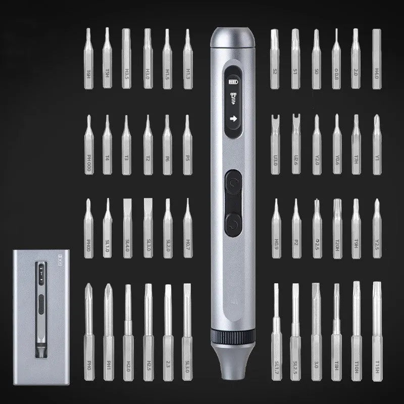Compact aluminium electric screwdriver with bit holder, showing scale against a hand.