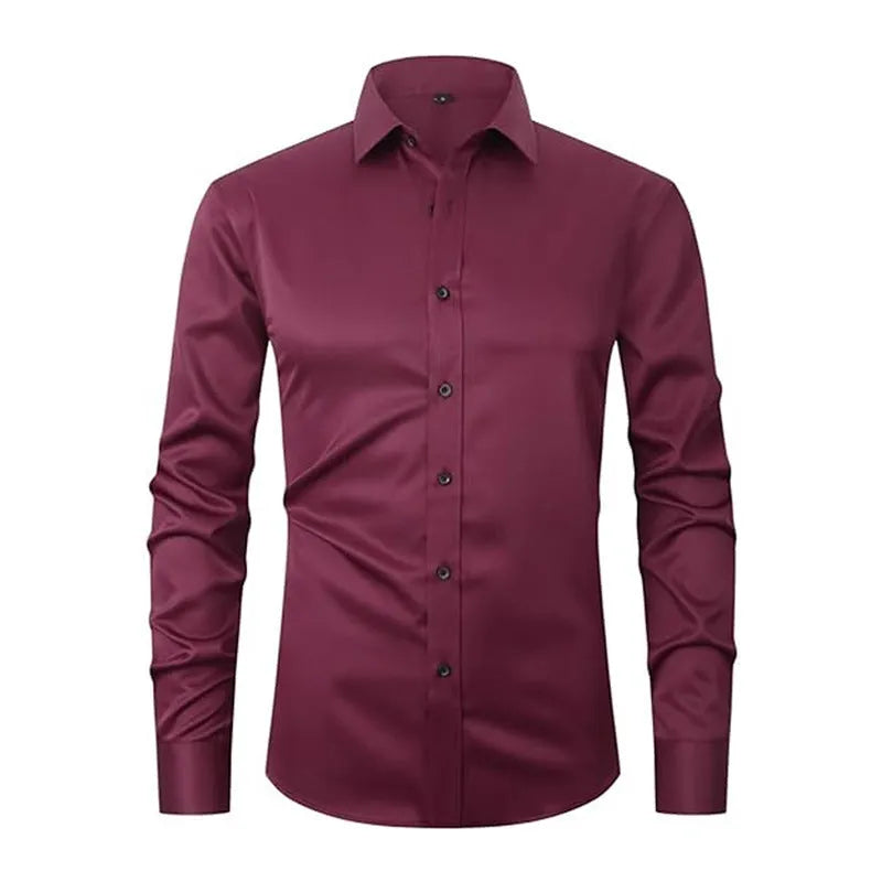 Men's stretch long sleeve work shirt in polyester fabric on a hanger