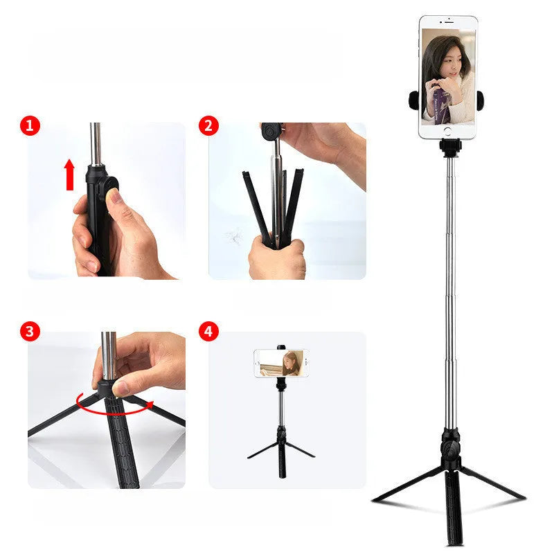 Black iPhone tripod selfie stand with extended aluminium rod and Bluetooth remote control