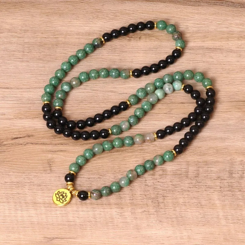 Green and black elastic beaded long bracelet made from alloy in natural style