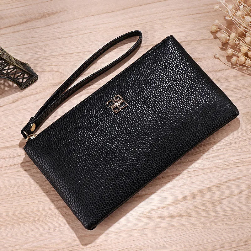 Long 55-inch PU leather phone wallet handbag with zipper, shown in a choice of colours.