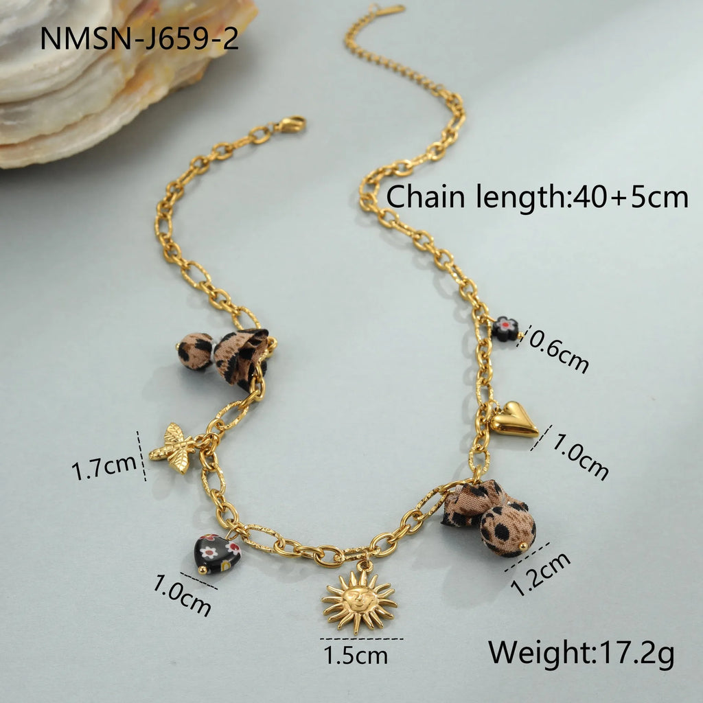 Geometric leopard and love heart flowers pendant necklace on stainless steel chain with 18K gold plating