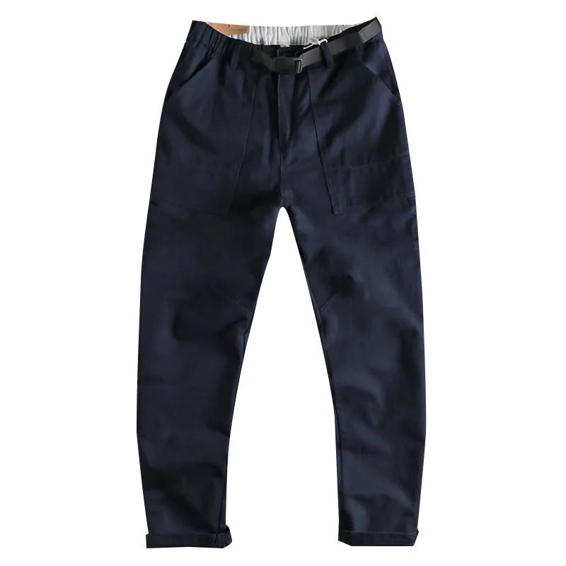 Cotton work trousers with N I buckle belt in khaki or dark blue colours showing three-dimensional cutting design
