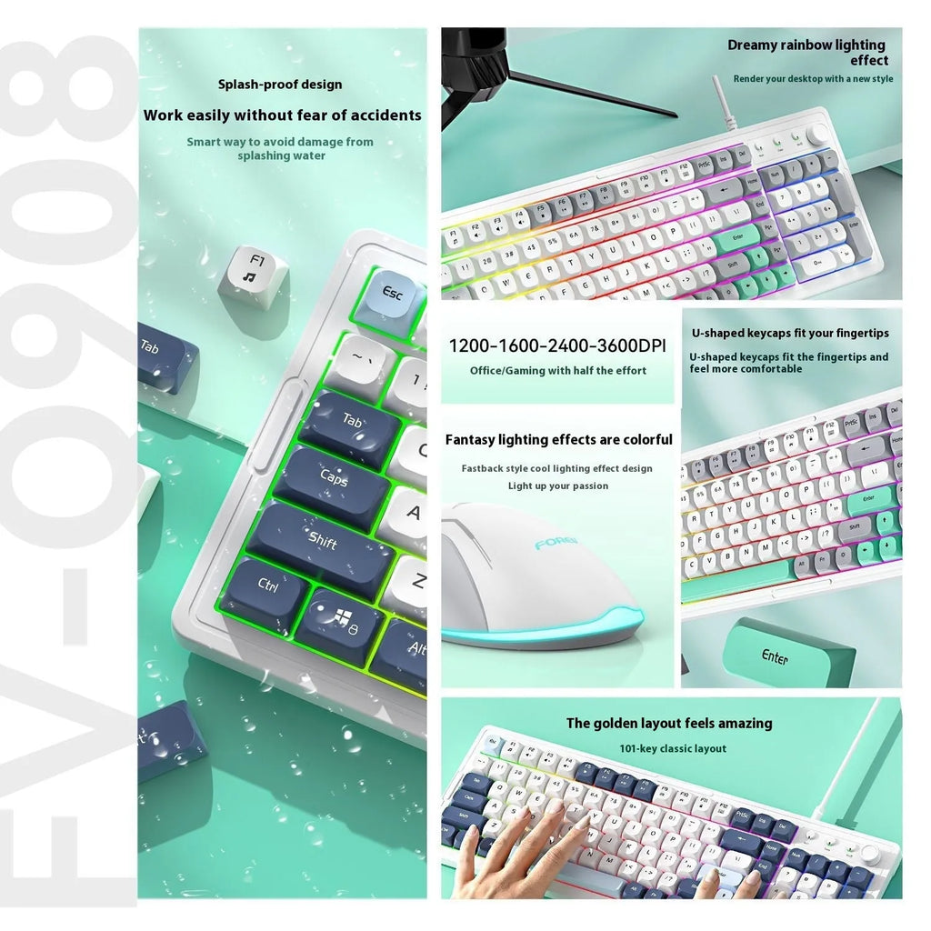 Customisable mechanical keyboard and wireless mouse set in selected colour on a desk