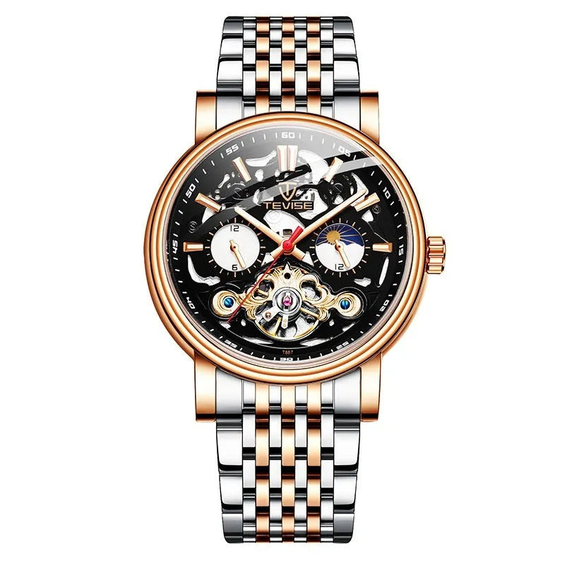 Men's black tourbillon mechanical watch with luminous hands on stainless steel bracelet