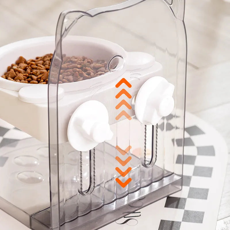 Grey adjustable height cat feeding bowl with anti-spill design and removable cage