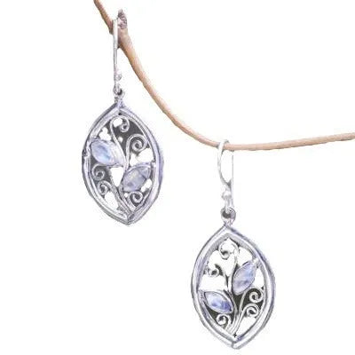 Silver leaf-shaped earrings with embedded colourful moonstones on alloy stud backs