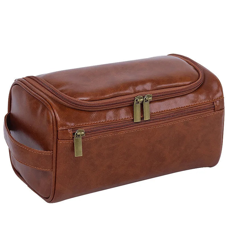 Large capacity waterproof cosmetic bag in PU leather or Oxford cloth, shown in beige colour.
