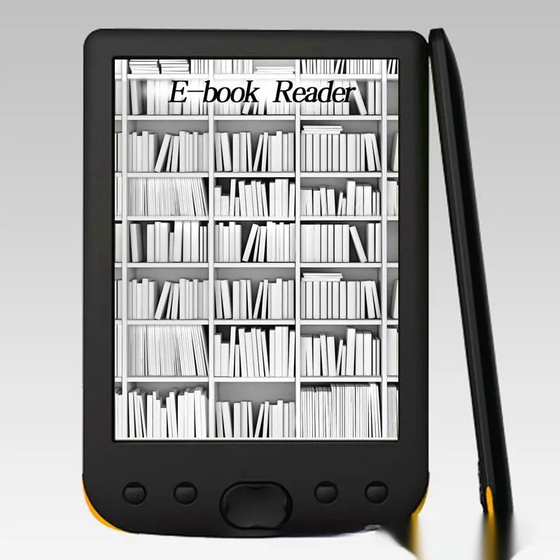 Black 6-inch E-ink screen e-book reader showing digital book display with multiple memory configuration options