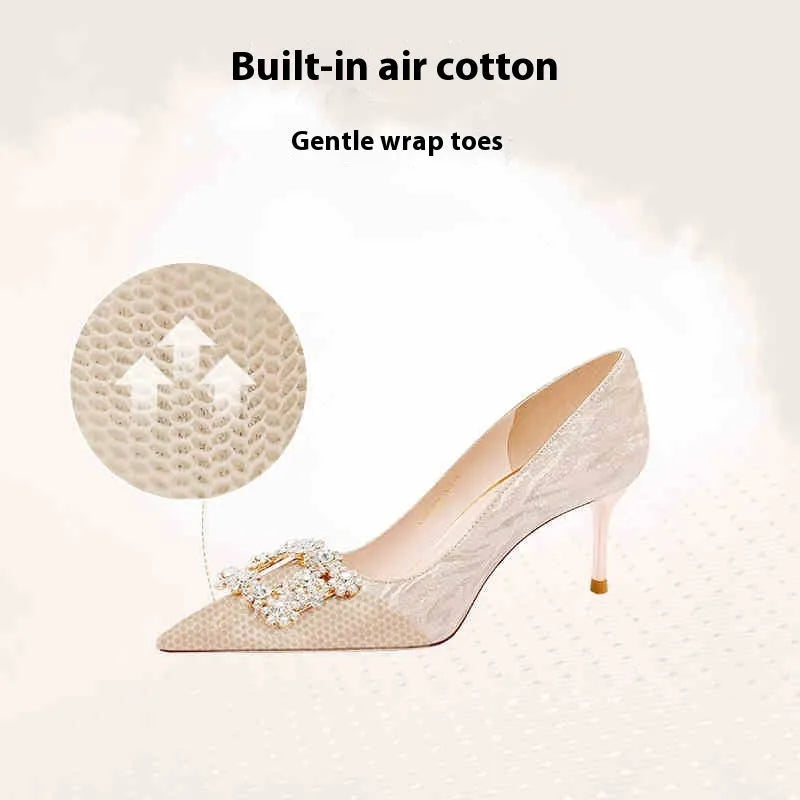 Champagne gold pointed toe high heels with stiletto heel and rhinestone decoration