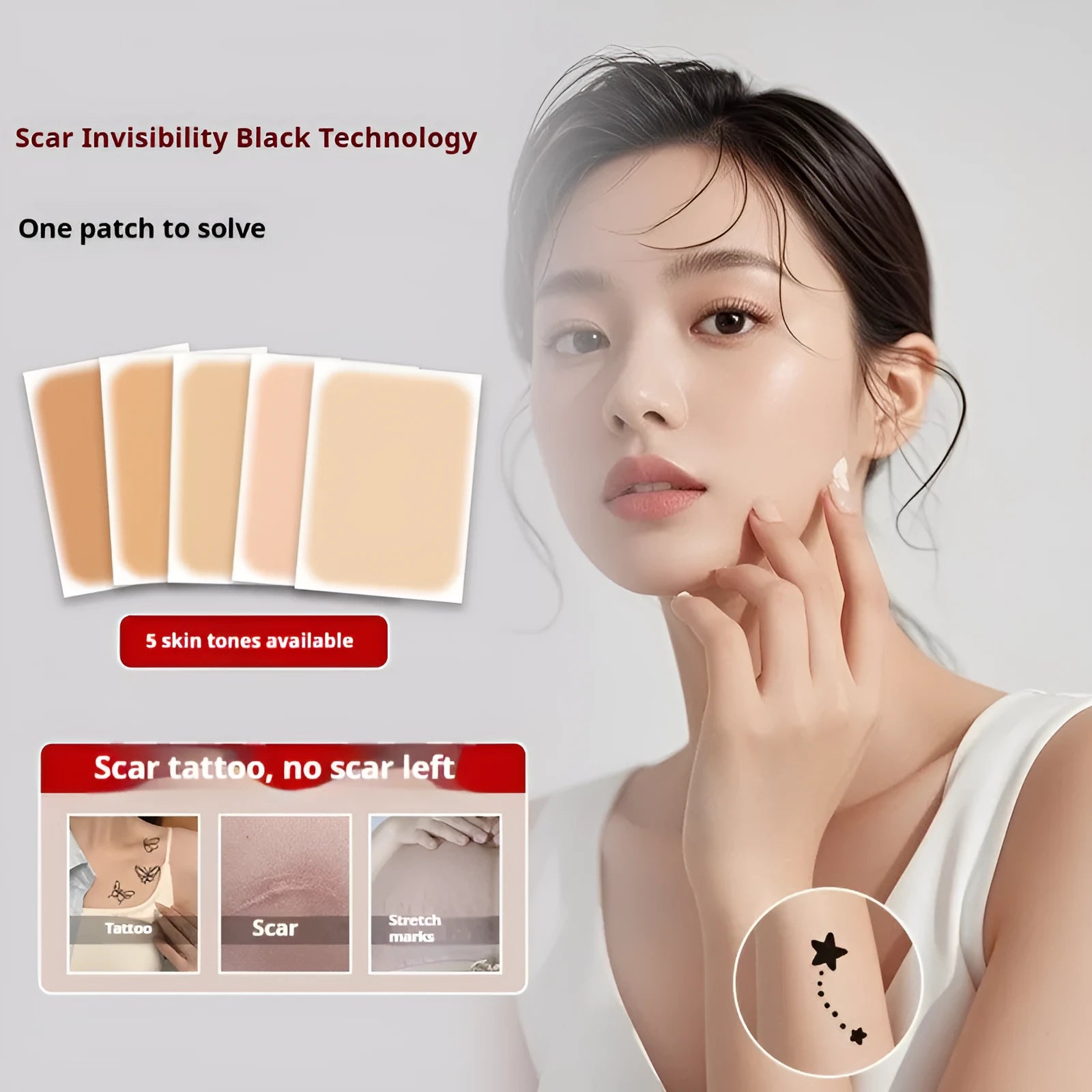 Tattoo cover patch kit with applicator brush for concealing birthmarks and tattoos in skin-coloured shades.