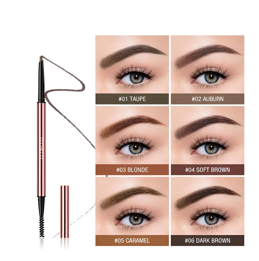 Eye brow make-up pencil in colour box packaging with six shade options shown, tapered tip visible.
