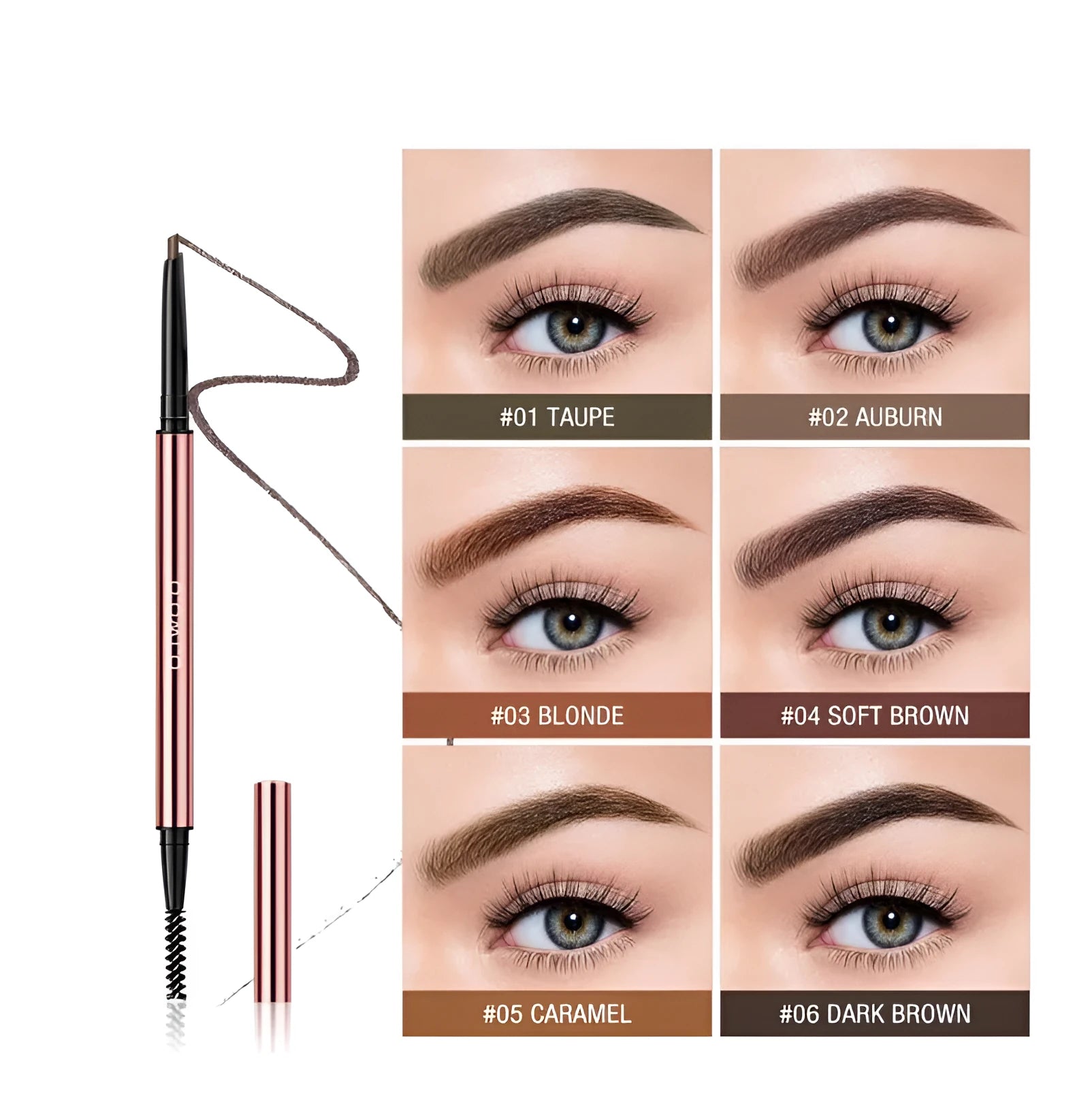 Eye brow make-up pencil in colour box packaging with six shade options shown, tapered tip visible.