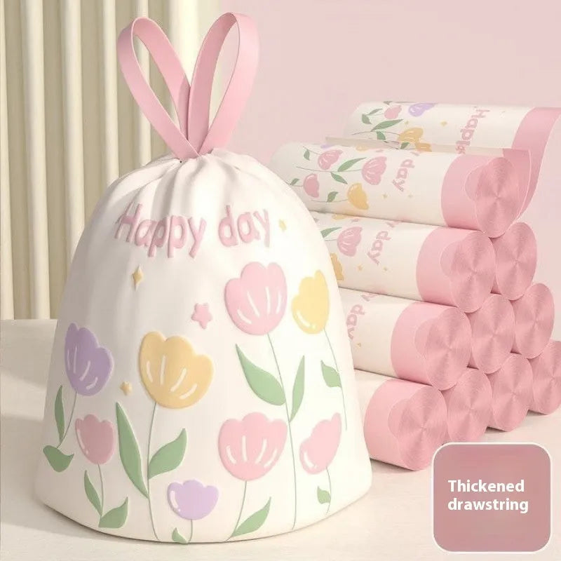 Pink degradable drawstring garbage bag with argy wormwood mosquito repellent, shown with dimensions 44cm by 48cm.