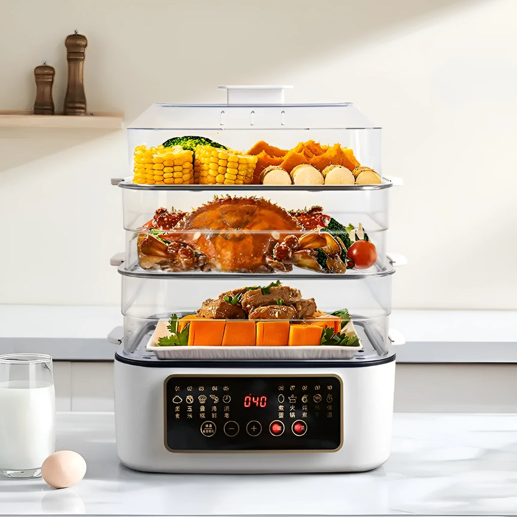 28-litre capacity automatic electric steamer with stainless steel rack on a kitchen counter.
