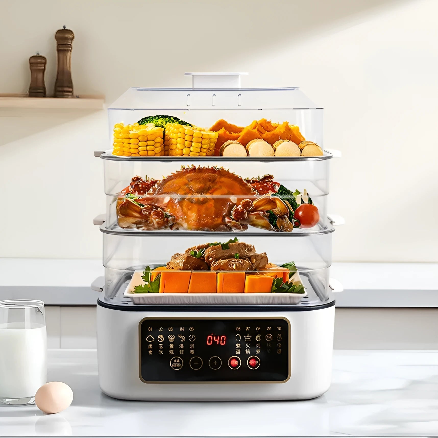 28-litre capacity automatic electric steamer with stainless steel rack on a kitchen counter.