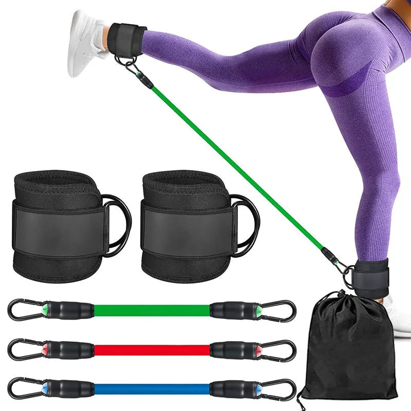 TPE yoga fitness ankle tension resistance band set with foot loops and storage bag