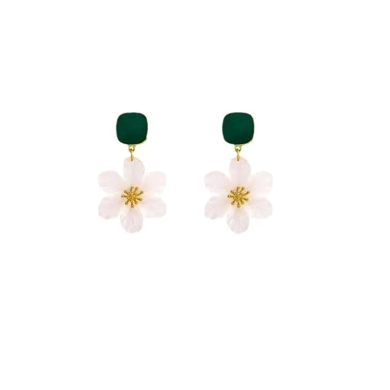Dark green needle flowers sweet alloy earrings for women, shown as a complete pair