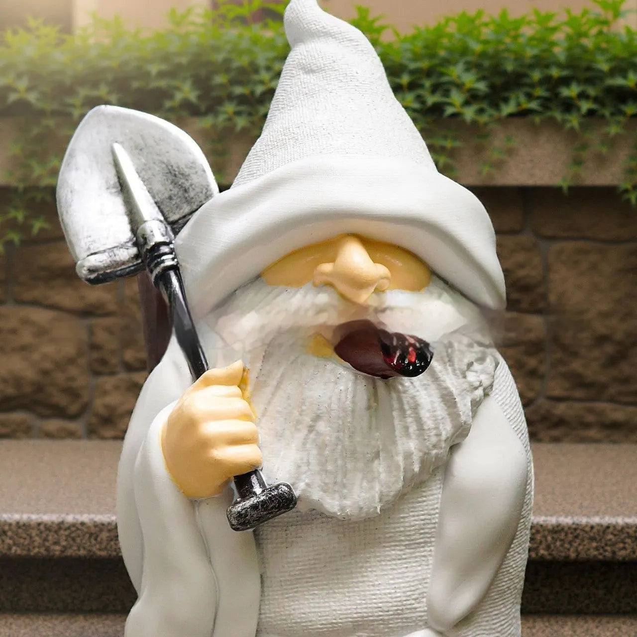 Christmas resin craft ornament showing smoking shovel dwarf figurine for garden-themed festive decoration